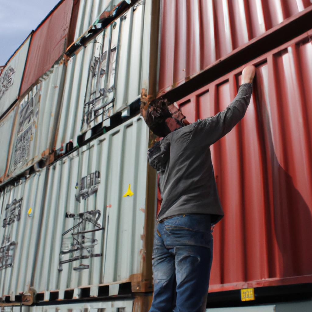 Person inspecting shipping containers